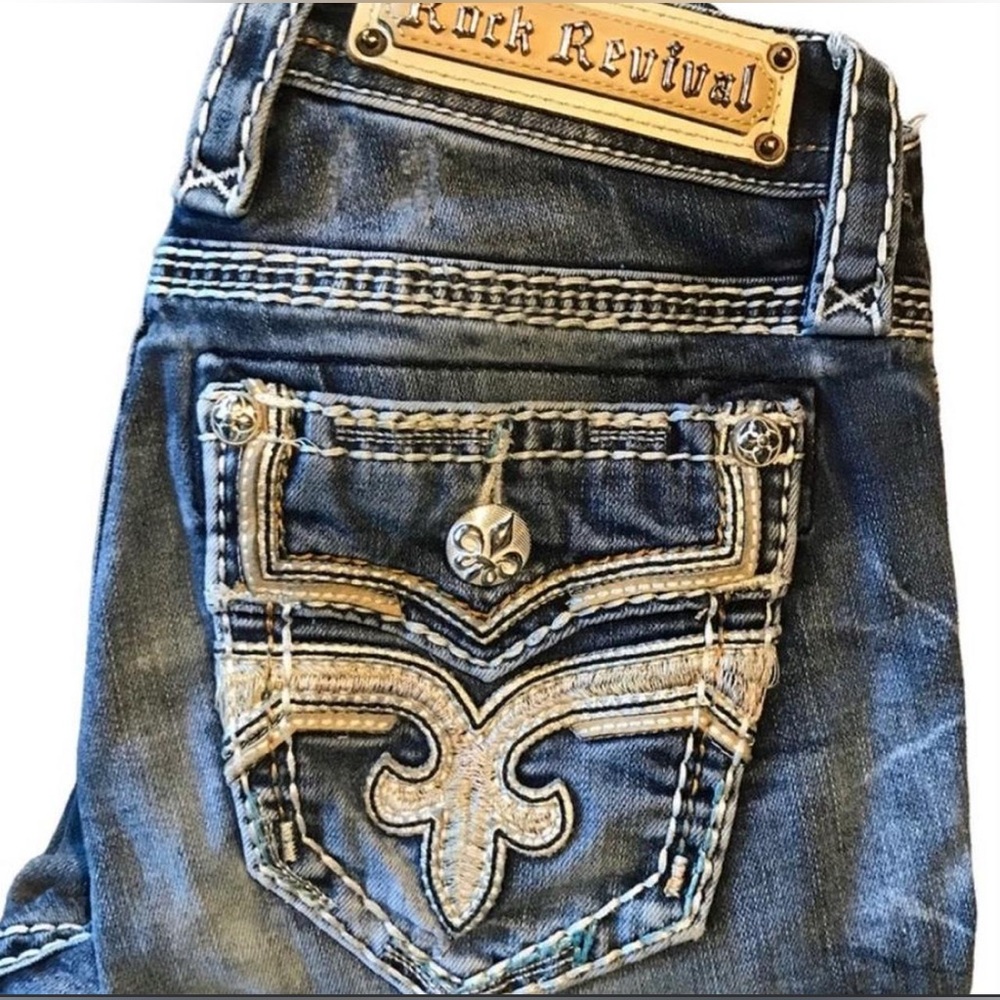Rock Revival Dark Blue Jeans with Tan Embroidered Pocket Size 24/31 Worn Once